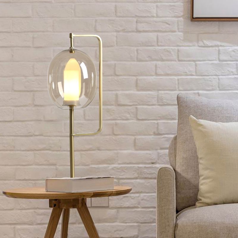 1-Light Living Room Night Lamp Simplicity Gold Table Light with Oval Smoke Gray Glass Shade