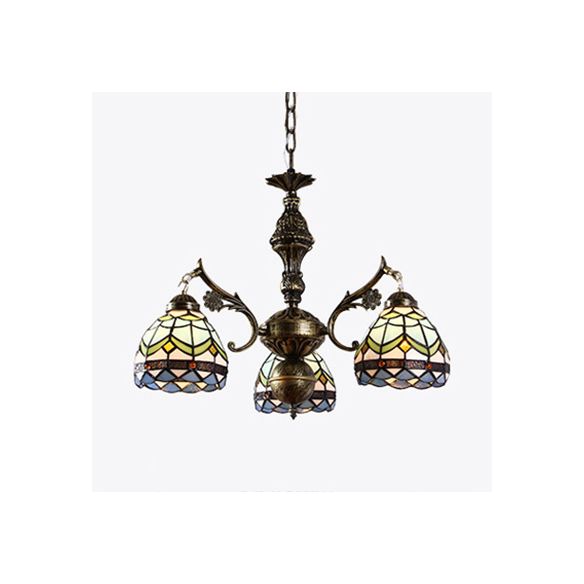 3 Lights Semi Globe Chandelier with Hanging Chain Stained Glass Baroque Ceiling Pendant in Blue