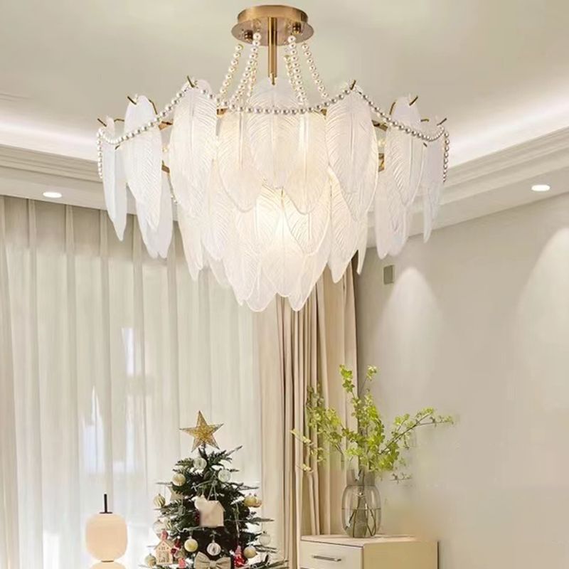 Modern Metal Flush Mount Feather Shape Ceiling Light with Glass Shade for Living Room