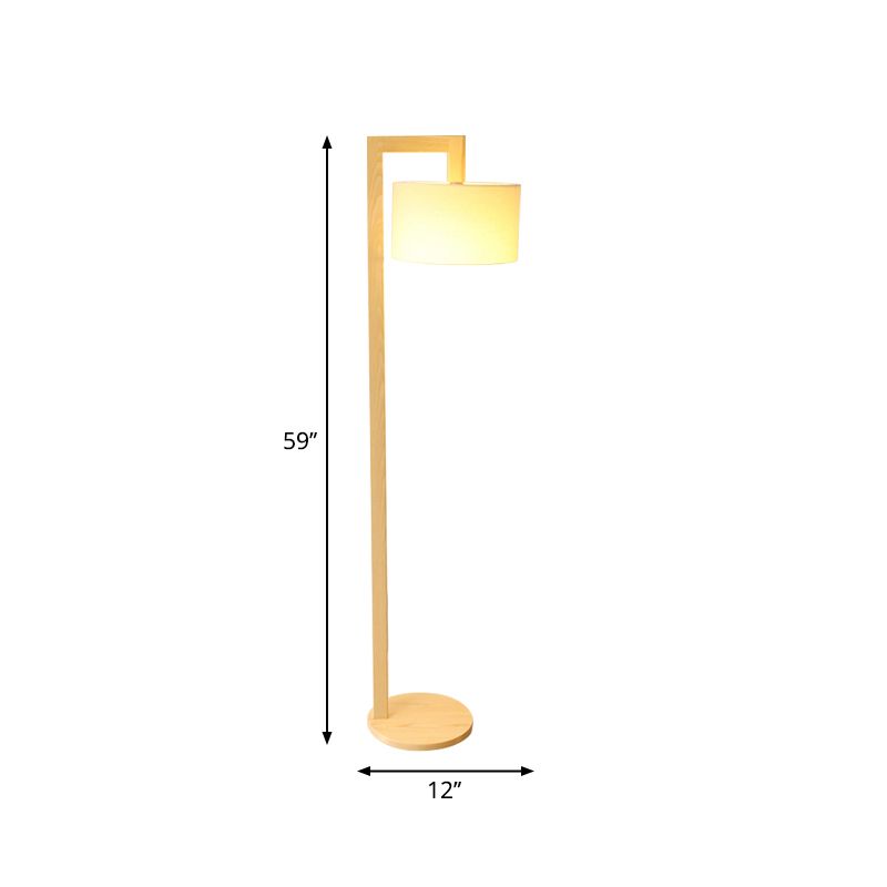 Cylindrical Fabric Floor Lamp Minimalist 1 Bulb Wood Stand Up Lamp with Right Angled Pole