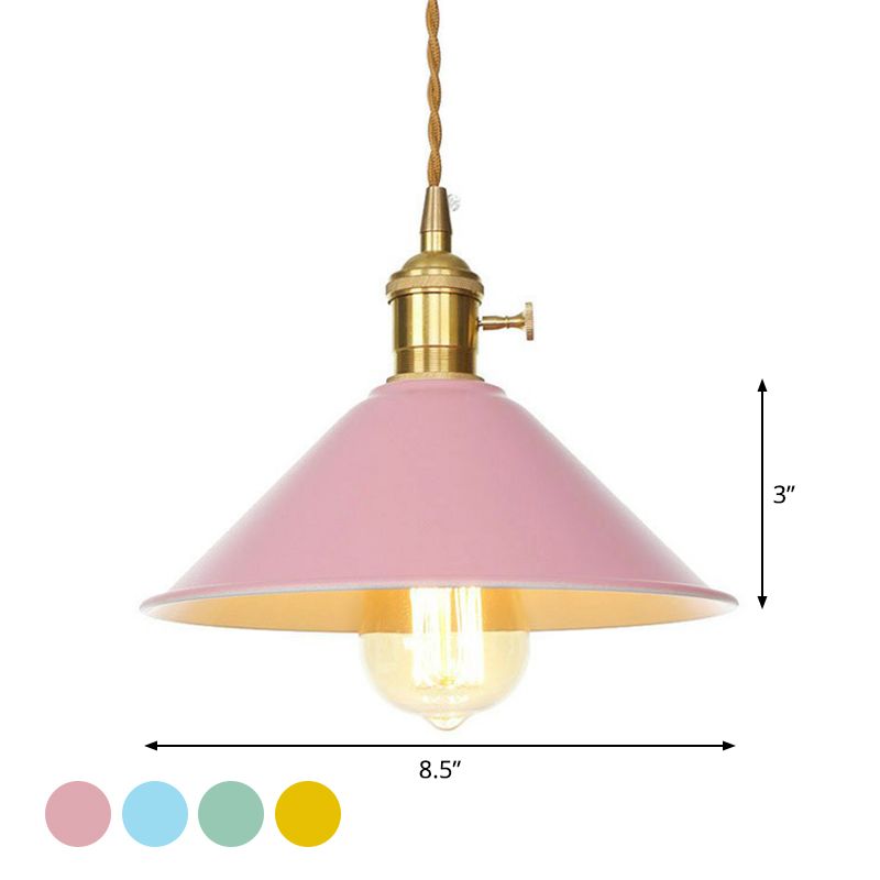 1 Bulb Ceiling Hang Lamp Nordic Kitchen Bar Pendant Light with Barn/Cone Iron Shade in Pink/Blue/Green