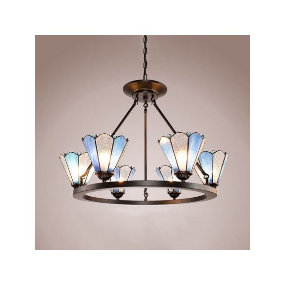 Éclairage pendentif conique avec vitrail tachée de bague 6 lumières lampe de lustre traditionnelle en bleu