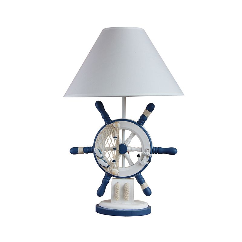 Wood Rudder Shape Night Table Light Mediterranean Style Single Blue Night Lamp with Cone Fabric Shade