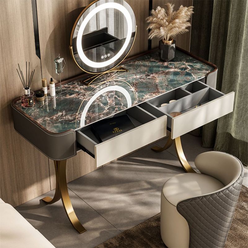 Stone and Metal with Faux Leather Accent Vanity Table, 29.5"