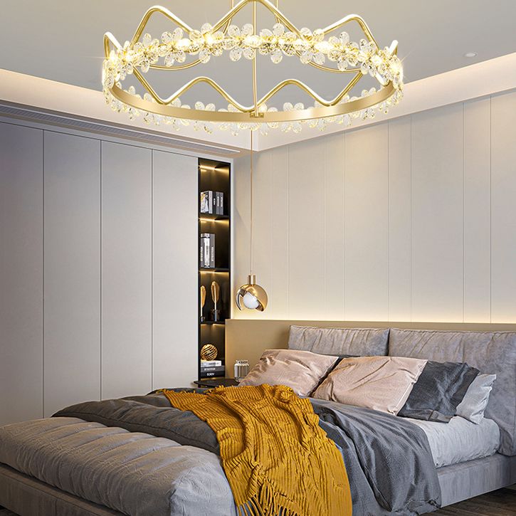 Gold Circular LED Ceiling Fixture Minimalist Flower Crystal Semi Flush Mount Light for Bedroom