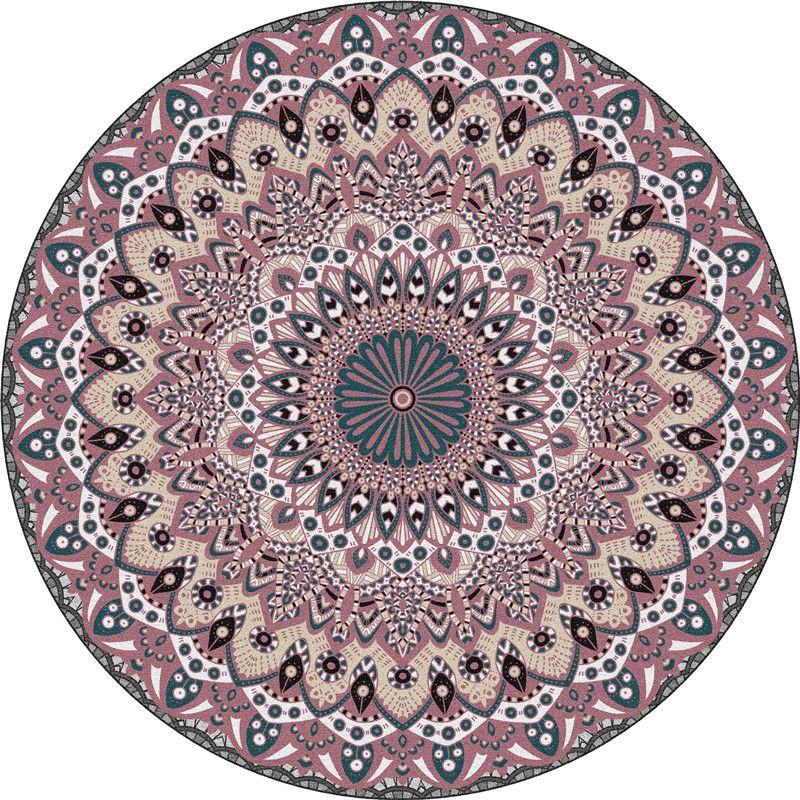 Round Multicolor Persian Indoor Rug Polyester Floral Print Carpet Easy Care Rug for Home Decoration