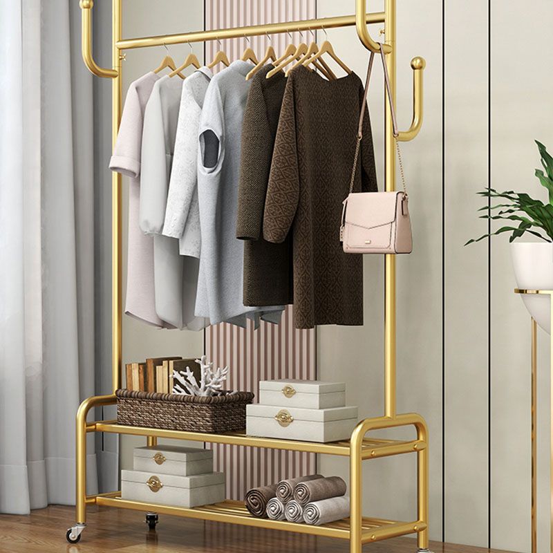 Elegant Metal Clothes Hanger Free Standing Double Storage Shelving Coat Rack with Castors