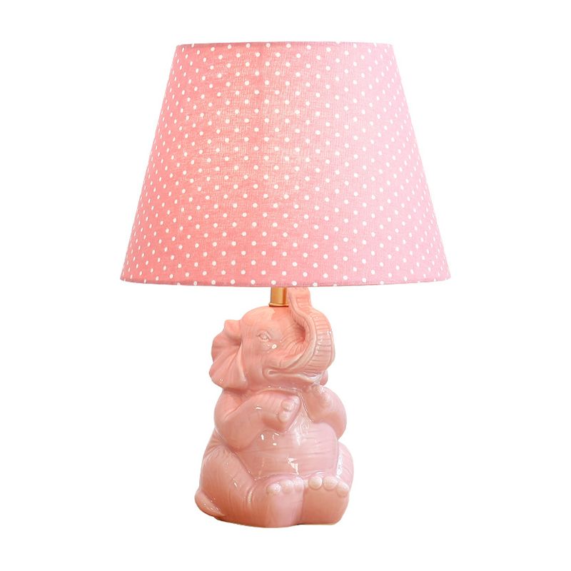 Pink Elephant Nightstand Lamp Modern Single Head Porcelain Table Light with Barrel Fabric Shade for Bedside