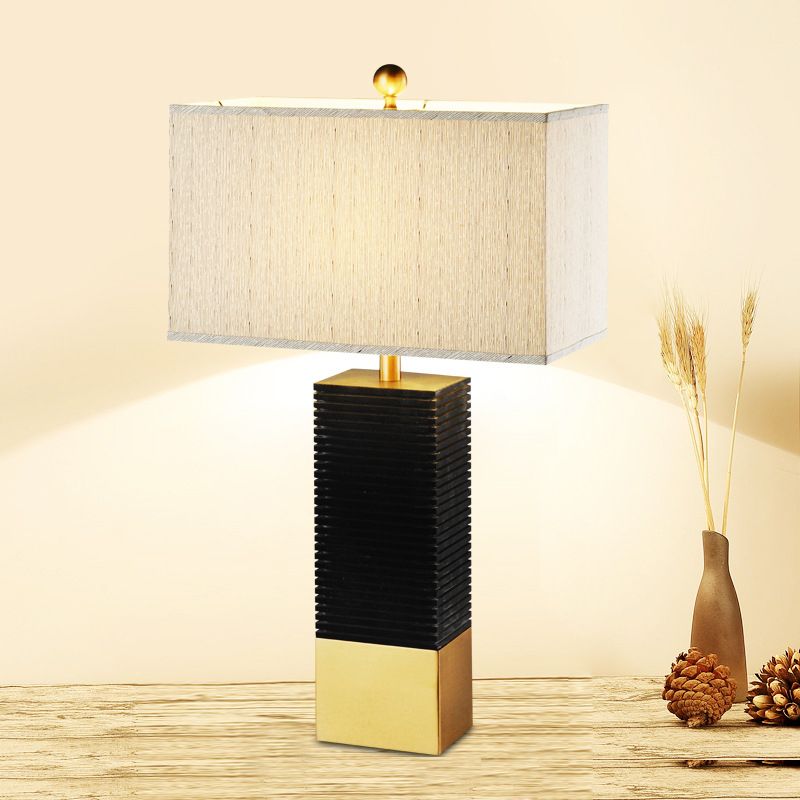 Black Finish Rectangle Desk Lighting Modernism 1-Bulb Metallic Table Lamp with Beige Fabric Shade