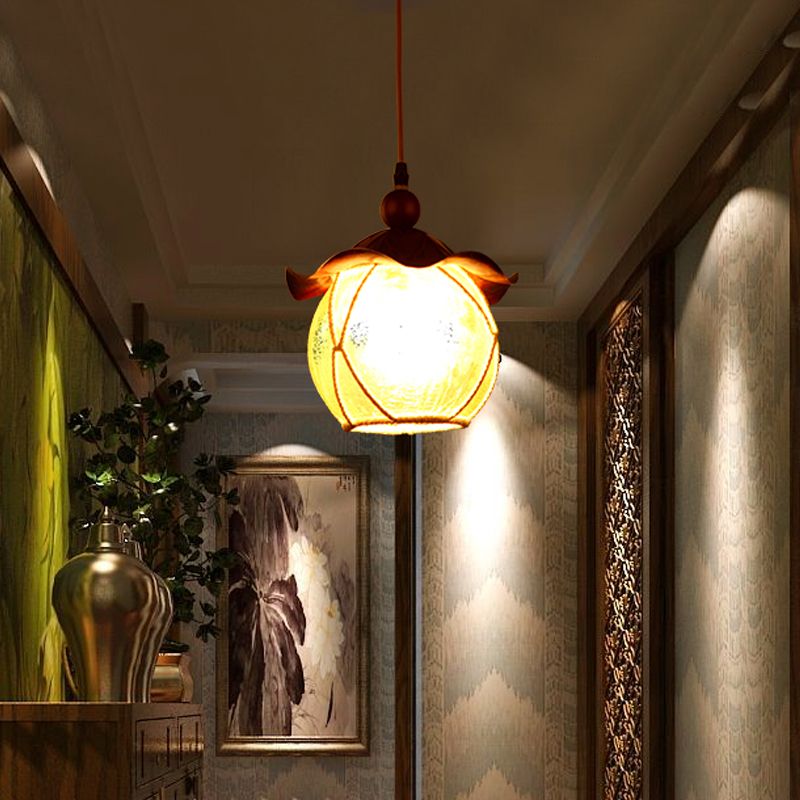 Globe Yellow Crackle Glass Hanging Lamp Traditional 1 Head Corridor Suspension Pendant in Brown with Scalloped Shade