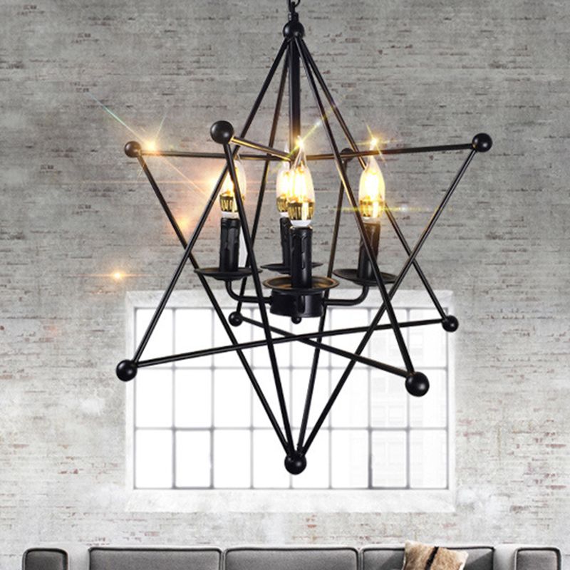 4-Light Metal Hanging Chandelier Industrial Black Candle Living Room Pendant Light Fixture with Cage