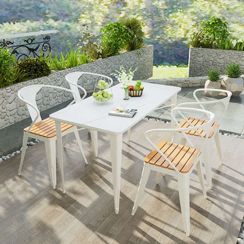 Outdoor Stone Top and Iron Frame Patio Table Contemporary Dining Table in White and Black