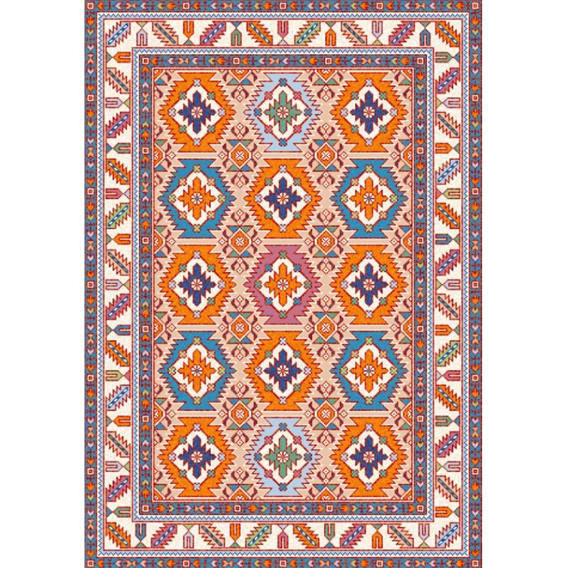 Persian Home Rug Multi Color Symmetric Print Carpet Polyester Anti-Slip Backing Machine Washable Stain Resistant Rug