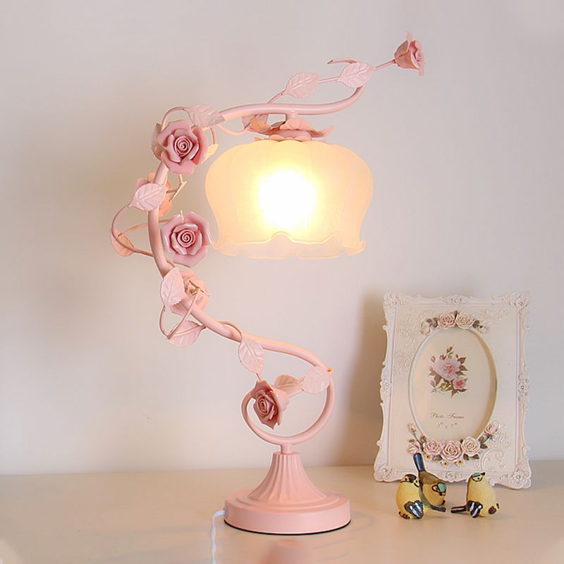 Pastoral Bloom Nightstand Lamp 1 Bulb Frosted White Glass Night Table Light in Pink