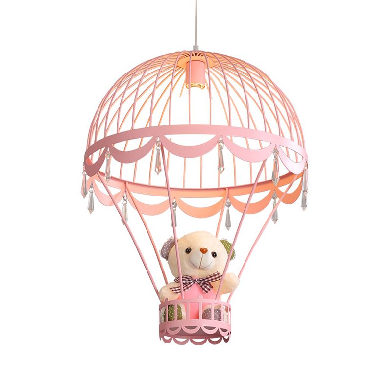 Hot Air Balloon Ceiling Light Kids Iron 1 Light Pink/Blue Hanging Pendant Lamp with Bear Decoration