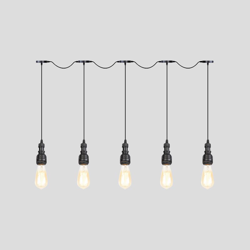 Exposed Bulb Restaurant Pendant Lamp Vintage Iron 5/7 Lights Black Finish Tandem Multi Hanging Light Fixture