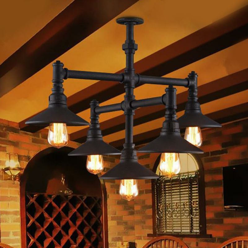 Black Piping Pendant Lighting Industrial Iron Black Finish Chandelier with Conical Lampshade