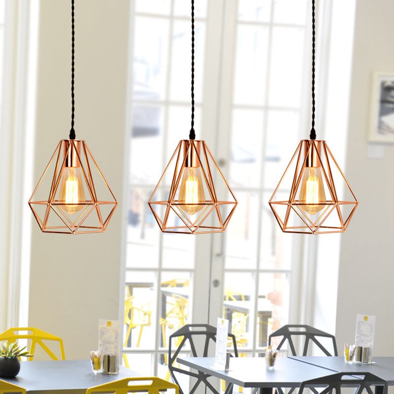 Diamond Iron Cluster Pendant Lighting Post-Modern Restaurant Hanging Lamp in Rose Gold