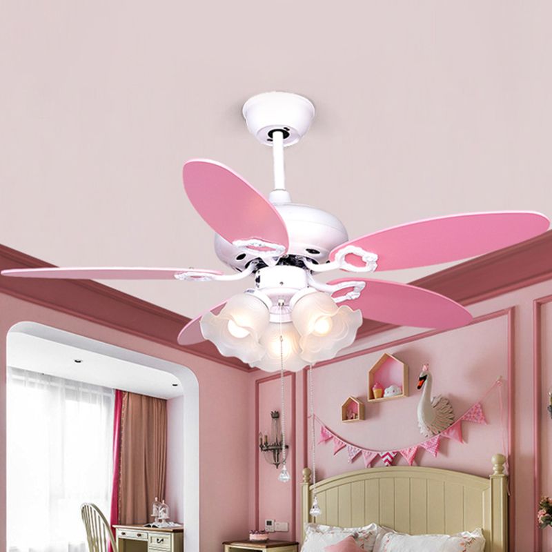 3-Bulb Semi Flush Light Kids Bedroom 5 Pink Blades Hanging Fan Lamp with Floral Opal Glass Shade, 42" W