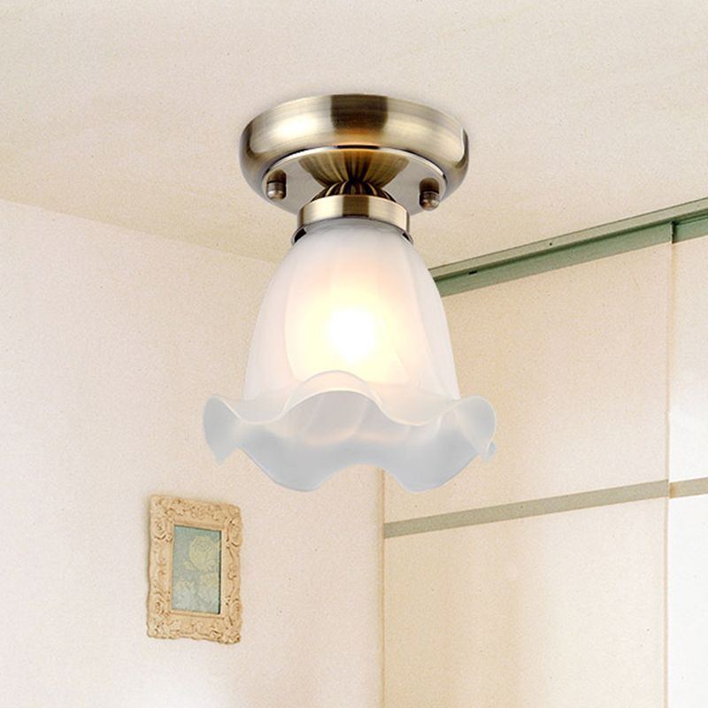 1 Bulb Flush Mount Light Retro Flower Shade White Frosted Glass Semi Flush Ceiling Light