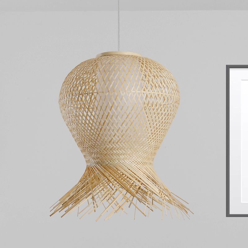 Woven Pendant Lighting Traditional Bamboo 1 Bulb 12"/16"/19.5" Wide Beige Hanging Lamp Kit for Living Room