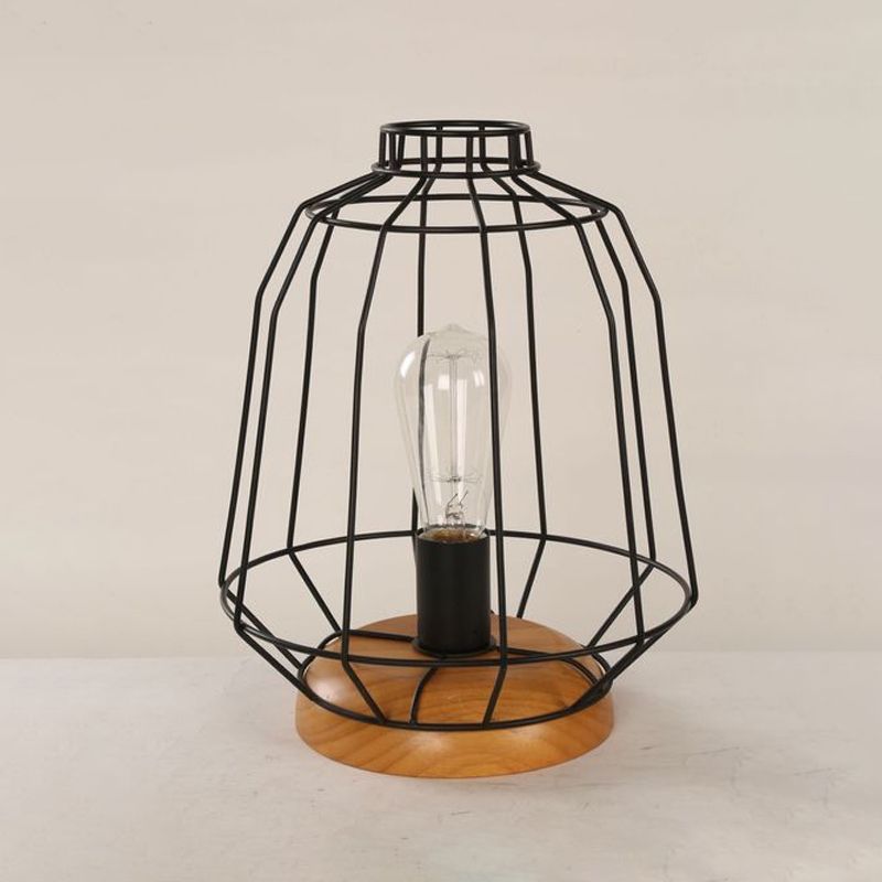 1 Bulb Table Lamp Industrial Stylish Pear/Barrel Shade Metal and Wood Task Lamp with Wire Guard in Black for Bedroom