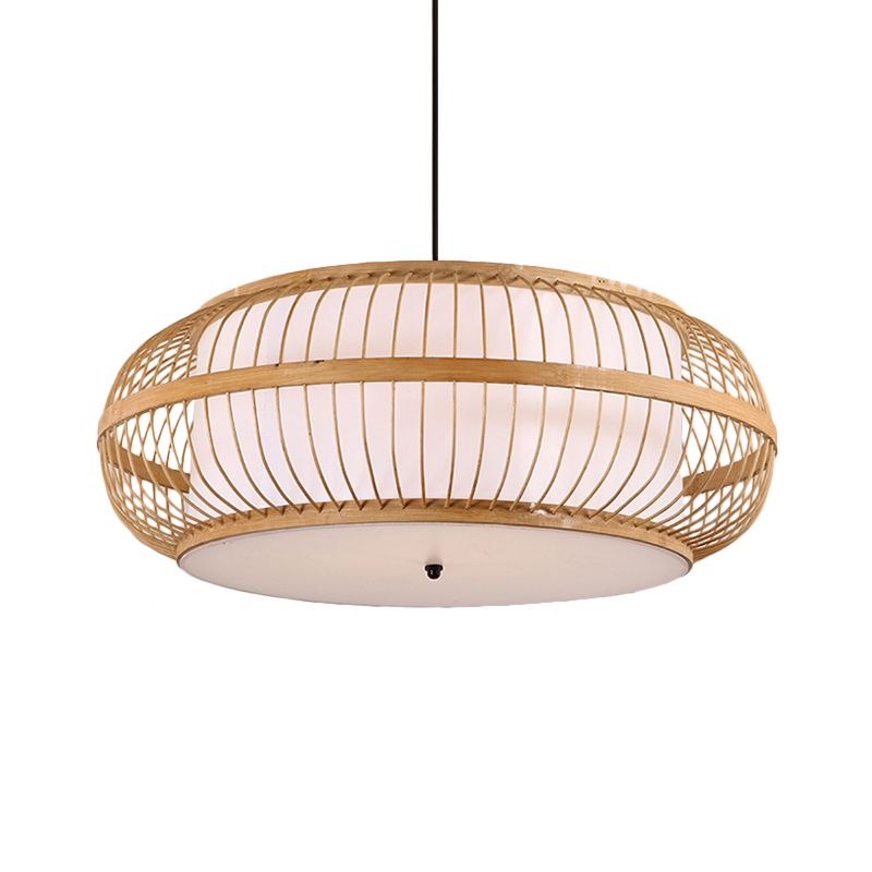 Beige Drum Pendant Lighting Asian Style 1 Light Bamboo Hanging Ceiling Light for Dining Room, 18"/21.5" Diameter