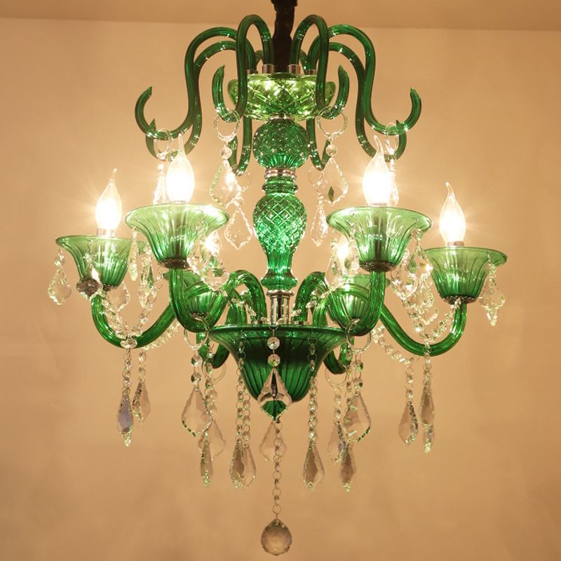 6 Heads Living Room Pendant Chandelier Retro Green Hanging Light Kit with Branch Crystal Shade