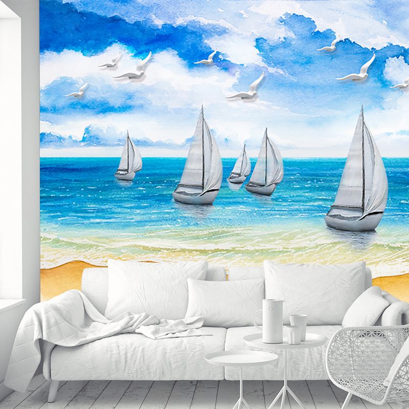 Whole Tropics Wall Paper Murals Blue and White Sailboat on Seashore Painting Wall Art, Custom-Made