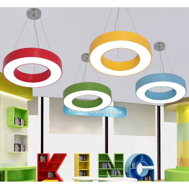 Integrated Led Drum Pendant Light Height Adjustable Metal Hanging Light for Play Room