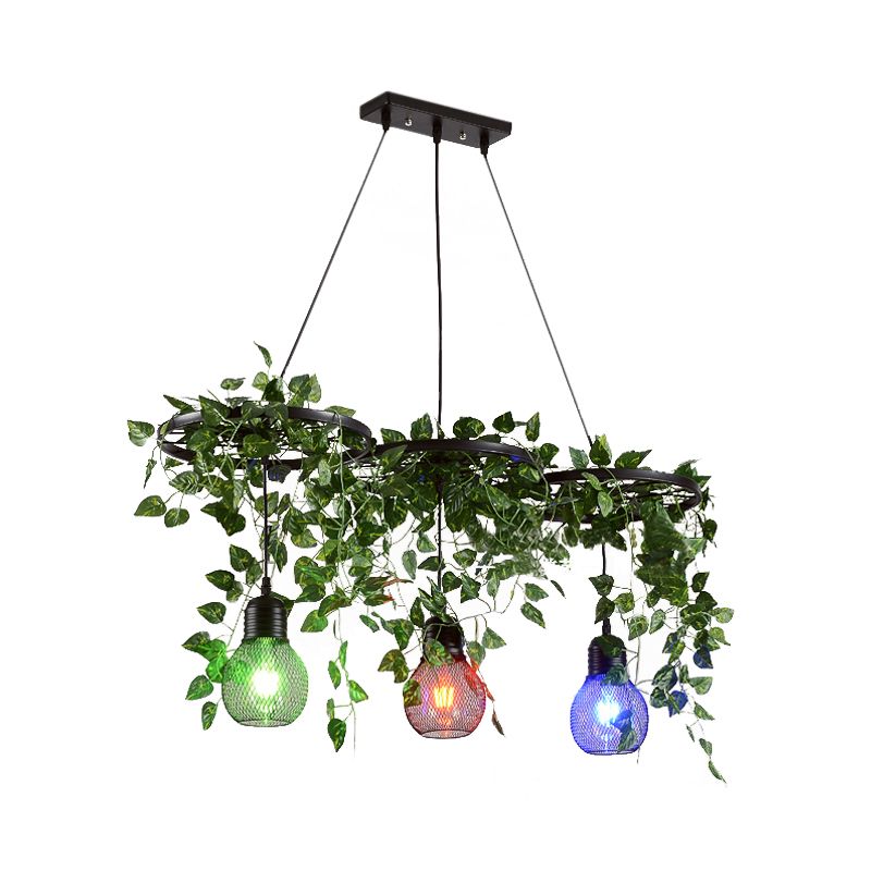 Zwart 3-head cluster Pendant licht Loft Iron Wiel en Globe Cage Down Lighting met groene kunst wijnstok, ronde/lineaire luifel