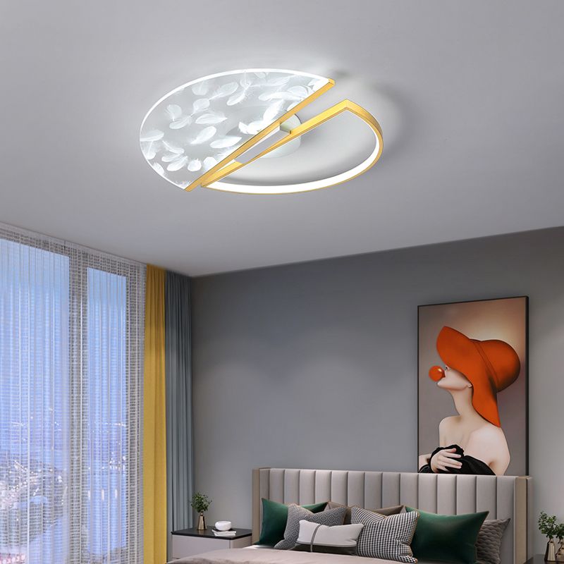 Round Shape LED Feather Ceiling Lamp Modern Iron 2 Lights Flush Mount for Study