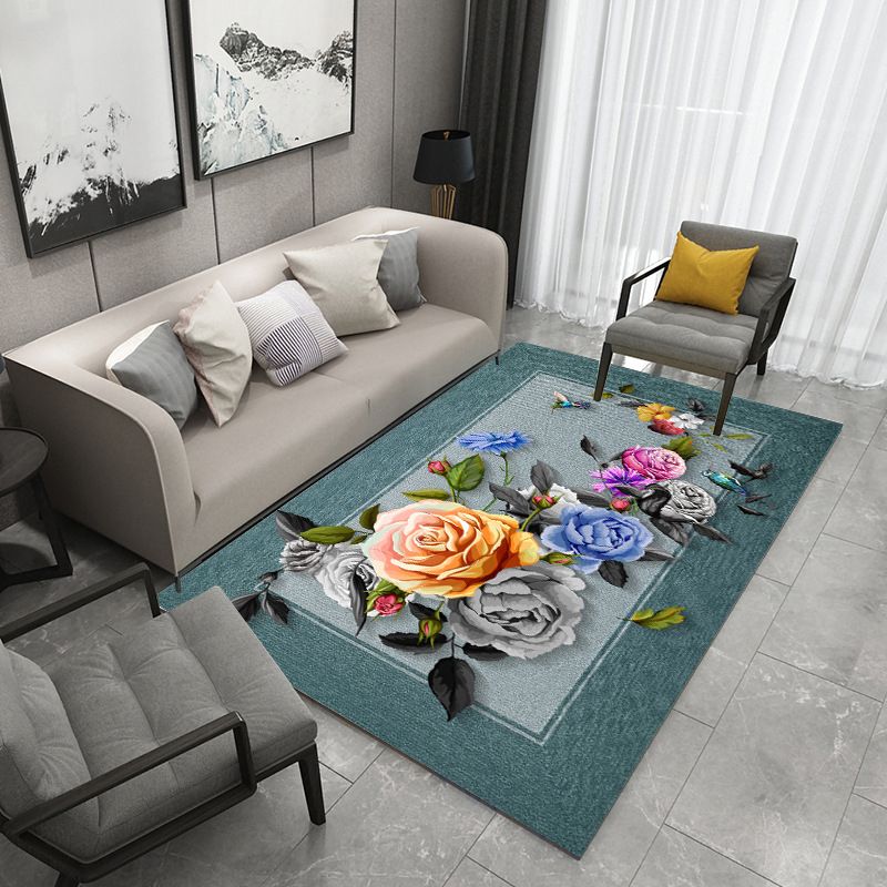 Oriental Blossom Area Rug Multi Colored Polyester Carpet Stain Resistant Non-Slip Machine Washable Rug for Living Room