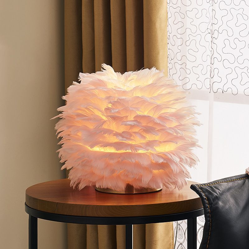 Grey/White/Pink Spherical Night Lamp Nordic Single-Bulb Feather Table Stand Light for Living Room