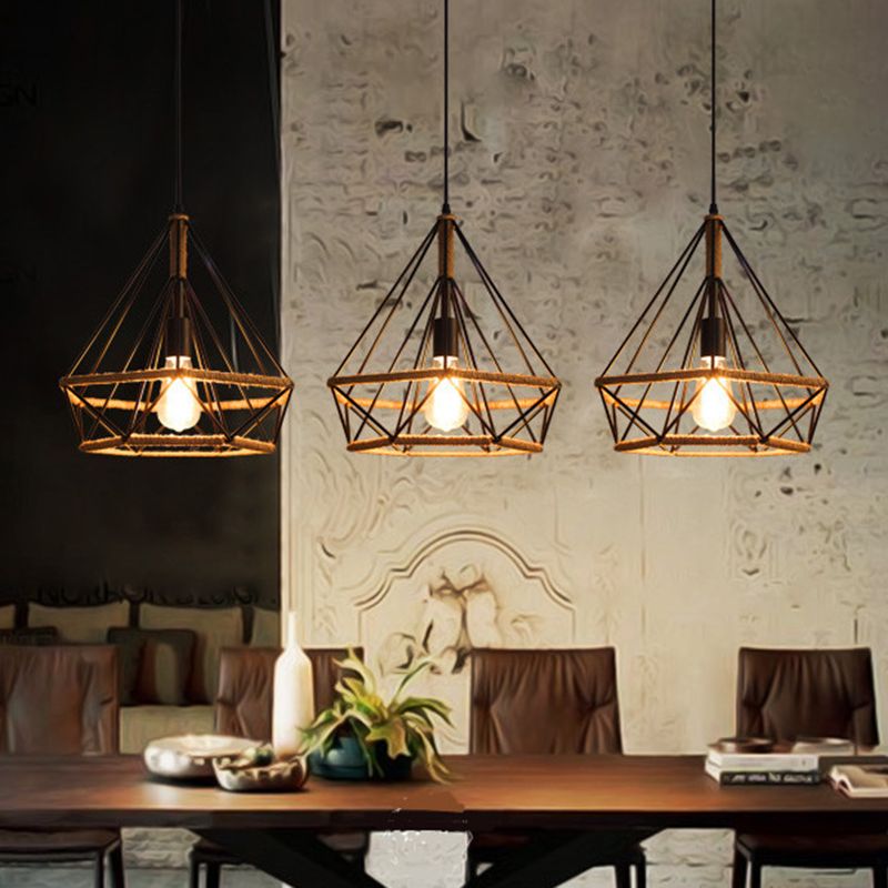 1 Light Diamond Cage Hanging Ceiling Lights Creative Industrial Metal Pendant Light Fixtures for Restaurant