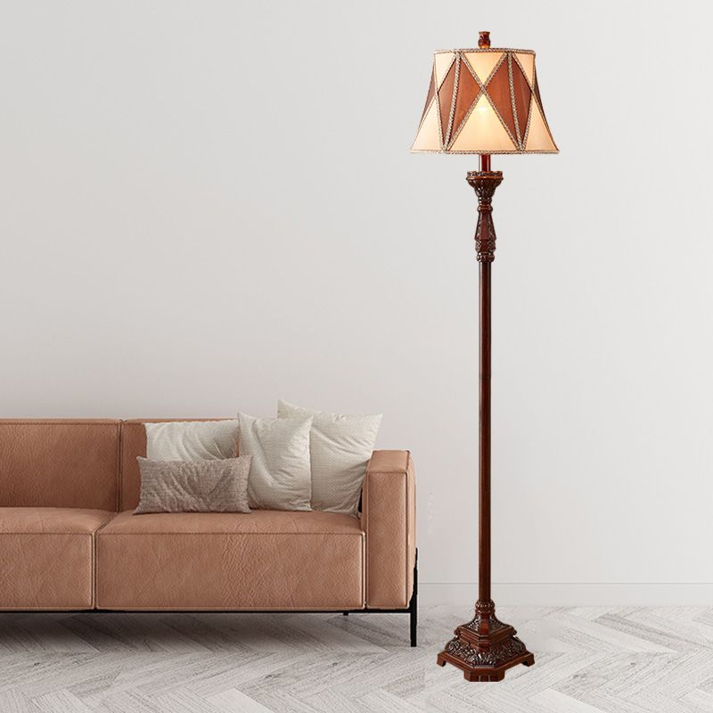 Red Brown 1 Bulb Floor Light Antiqued Style Fabric Flared Shade Floor Standing Lamp with Harlequin Design