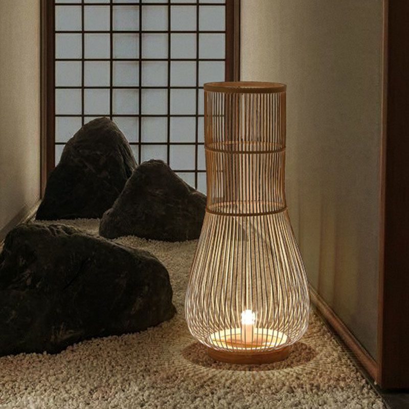 Fish Trap Bamboo Standing Light Minimalist Single-Bulb Brown Floor Lighting for Restaurant