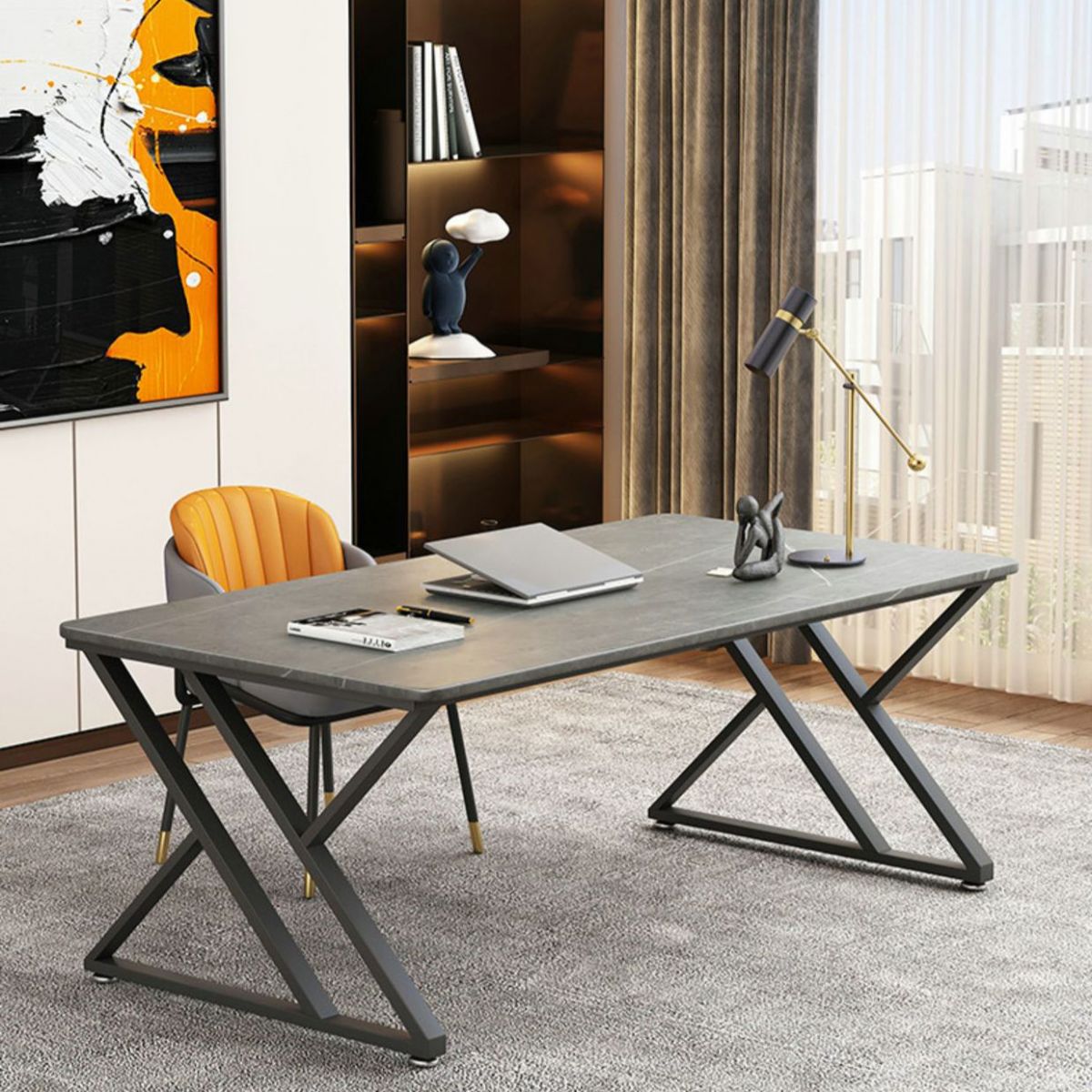 Contemporary Office Desk Rectangular Grey Writing Desk with Metal Legs