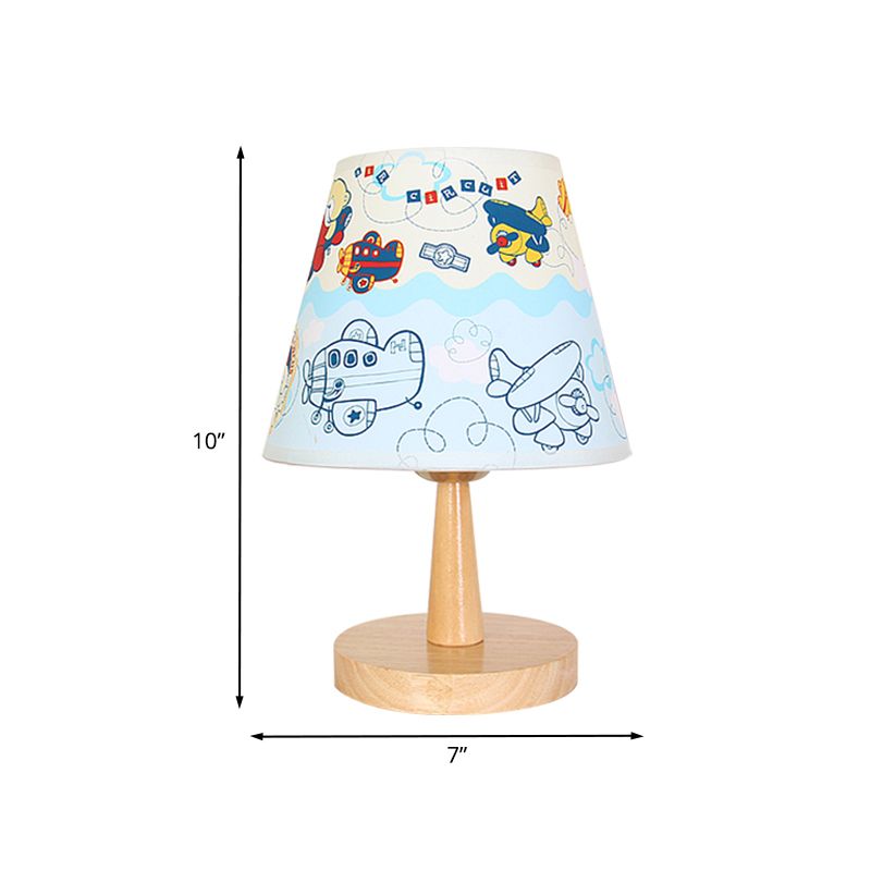 Fabric Conical Table Lamp Cartoon 1 Head Wood Nightstand Light with Airplane/Elephant/Bear Pattern for Bedroom