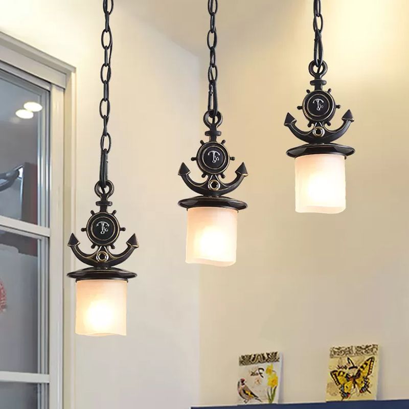 Black Cylinder Cluster Pendant Light Kids 3 Bulbs White Glass Hanging Lamp Kit with Anchor Top