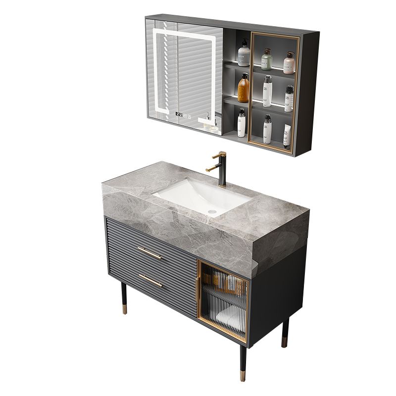 Single Sink Vanity Set Stone Top Mirror Freestanding Drawers Grey Bathroom Vanity