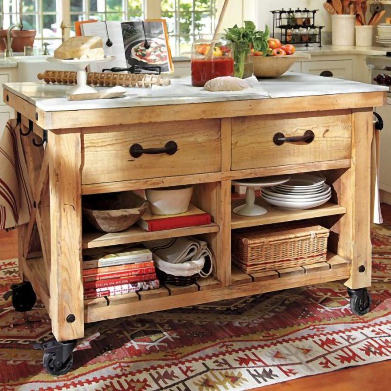 Modern Rectangle Kitchen Cart with Pine Wood Base and 2 Drawers