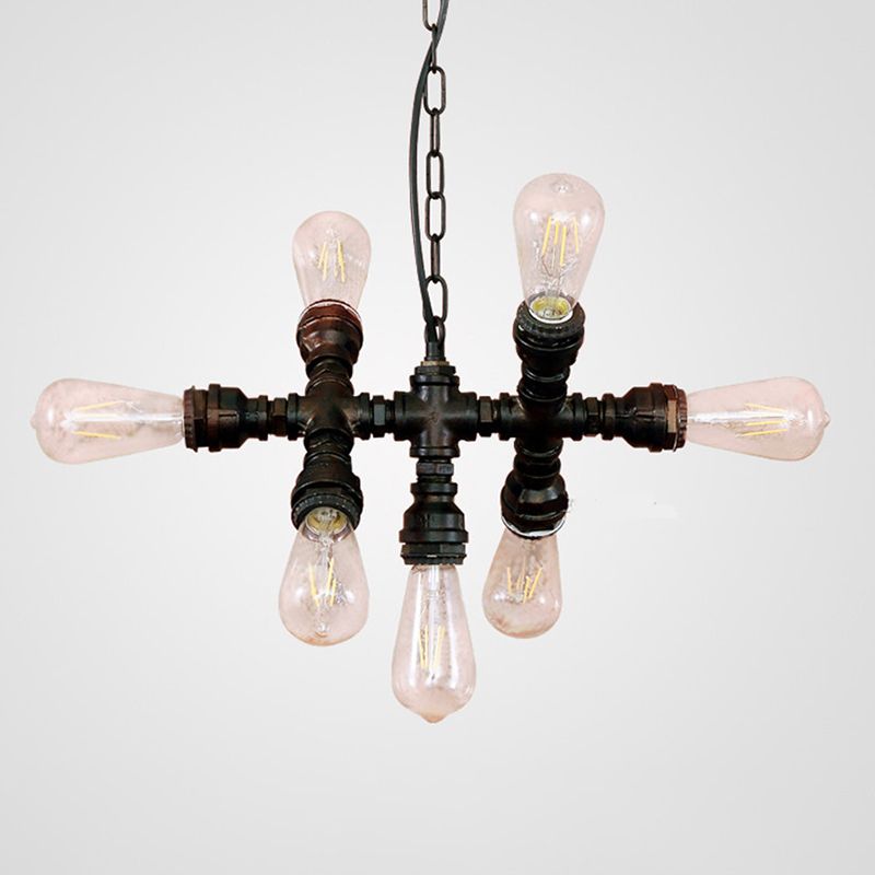 Black 7-Head Chandelier Light Industrial-Style Wrought Iron Plumbing Pipe Pendant Light Fixture