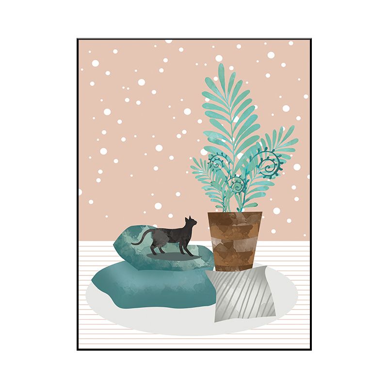 Potting and Cat Canvas Print Textured Scandinavian Bedroom Wall Art in Soft Color