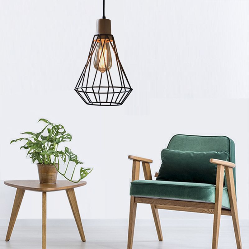 12"/13" H 1-Light Pendant Light Fixture Modern Geometric Wire Cage Iron Pendant Lamp with Wooden Top in Black for Bedroom