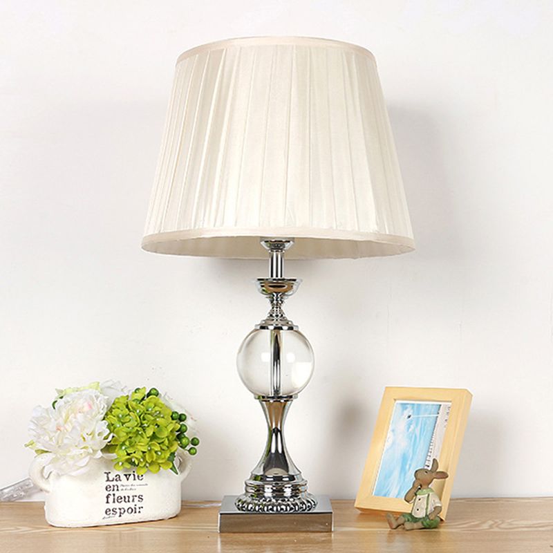 Pleated Shade Fabric Table Lamp Rustic Single Head Bedroom Night Light in White with Crystal Ball Deco