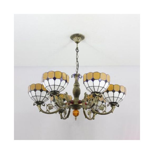 Yellow Grid Bowl Pendant Light 6 Lights Tiffany Antique Art Glass Chandelier for Hallway