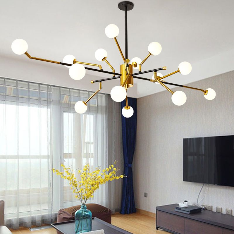 Sputnik Metal Chandelier Lighting Contemporary Multi Lights Brass Hanging Pendant Lamp in Gold with Milk Glass Molecular Shade