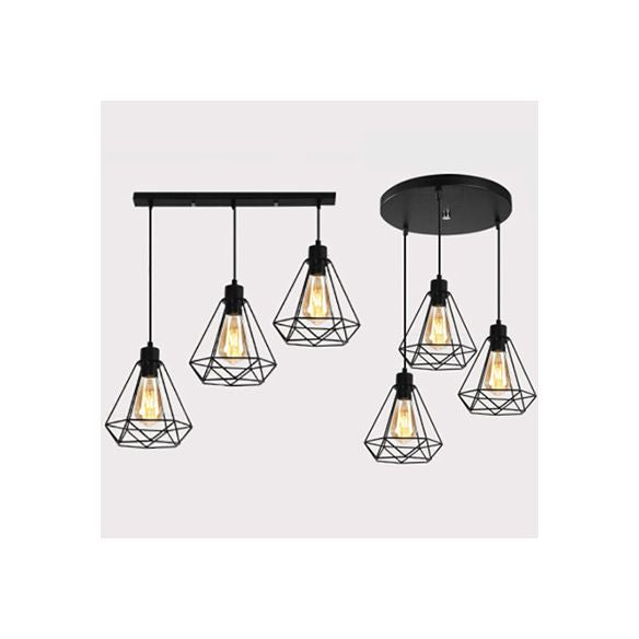 Metallic Wire Frame Hanging Lamp with Diamond Shade Retro Style 3 Heads Indoor Ceiling Light in Black