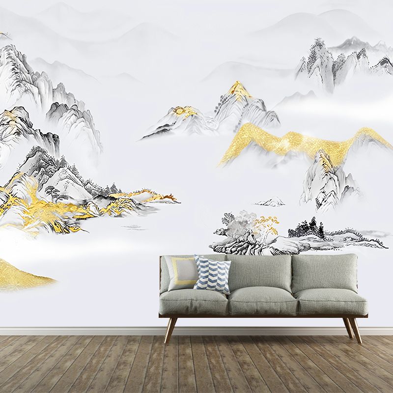 Large Asia Inspired Wall Art Grey and Gold Mountain Wall Mural, Custom Size Available